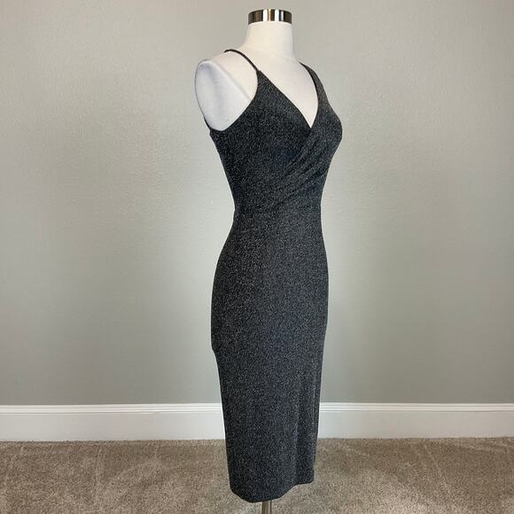 AQUA Black and Silver Sleeveless Metallic Midi Sheath Cocktail Dress Size 6 - Picture 3 of 11